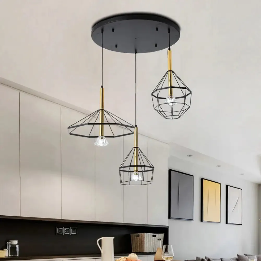 Industrial Wire Cage Pendant Ceiling Light with 3 Different Shade Lights - Black Metal Hanging