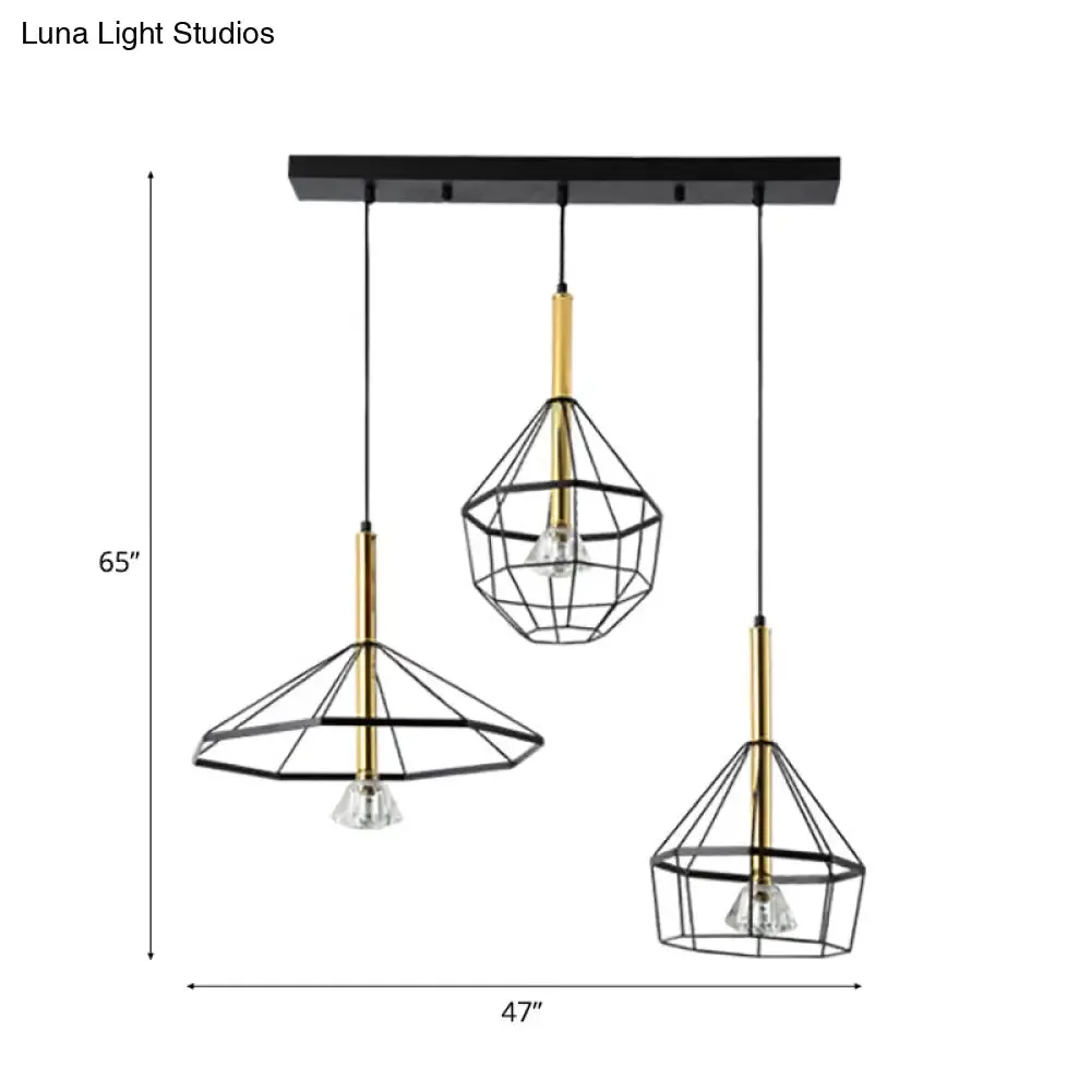 Industrial Wire Cage Pendant Ceiling Light with 3 Different Shade Lights - Black Metal Hanging