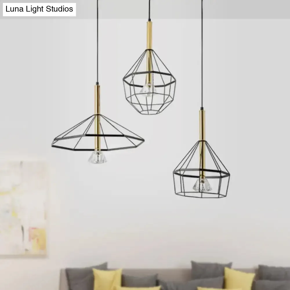 Industrial Wire Cage Pendant Ceiling Light with 3 Different Shade Lights - Black Metal Hanging