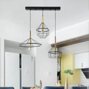 Industrial Wire Cage Pendant Ceiling Light with 3 Different Shade Lights - Black Metal Hanging