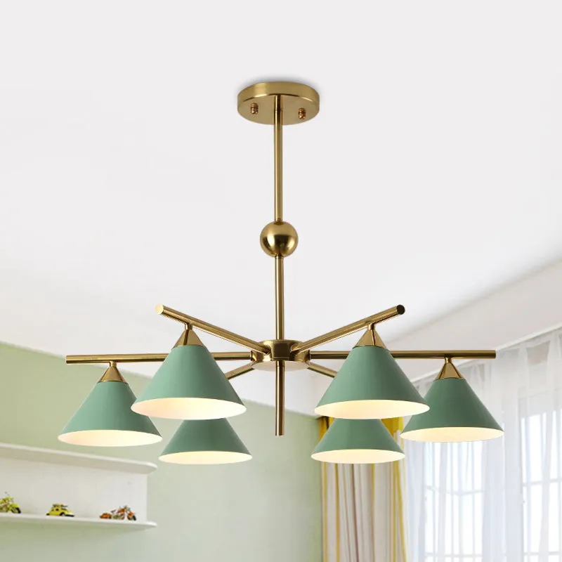 Macaron Candy Colored Chandelier - Metal Pyramid Design - 6 Heads - Kids Bedroom Hanging Light