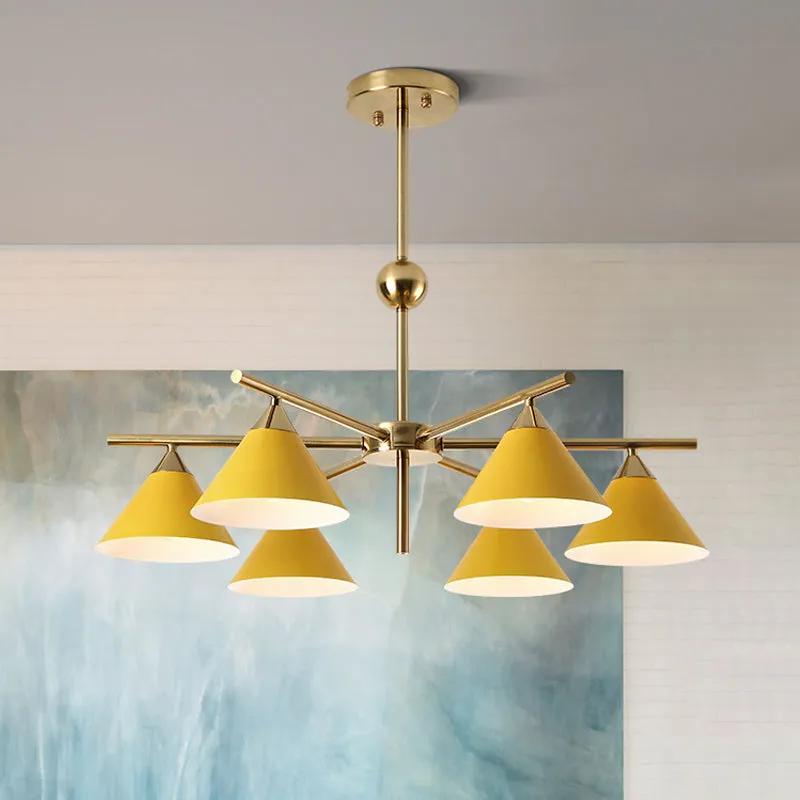 Macaron Candy Colored Chandelier - Metal Pyramid Design - 6 Heads - Kids Bedroom Hanging Light