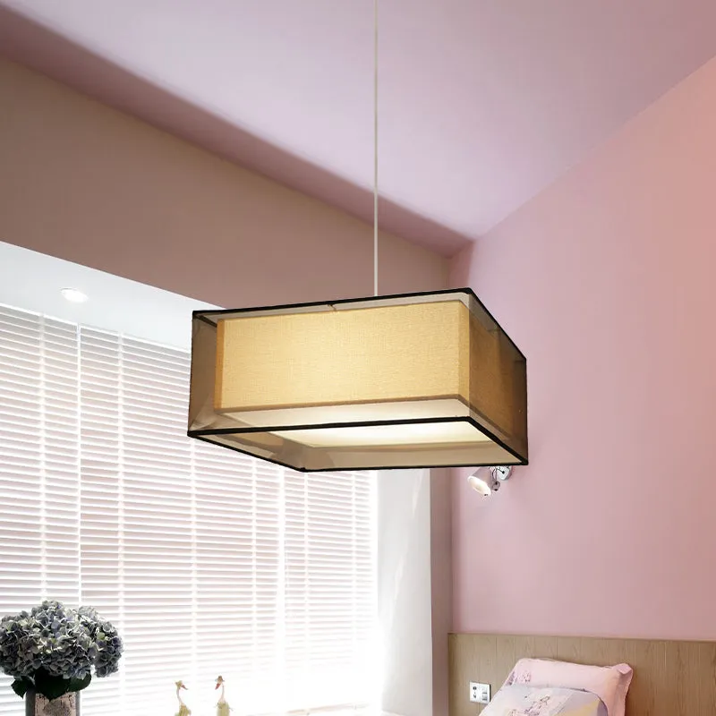 Modern 2-Layer Chandelier: Rectangle/Round Design, Flaxen Fabric, 3 Bulbs - Perfectly Illuminates your Dining Room