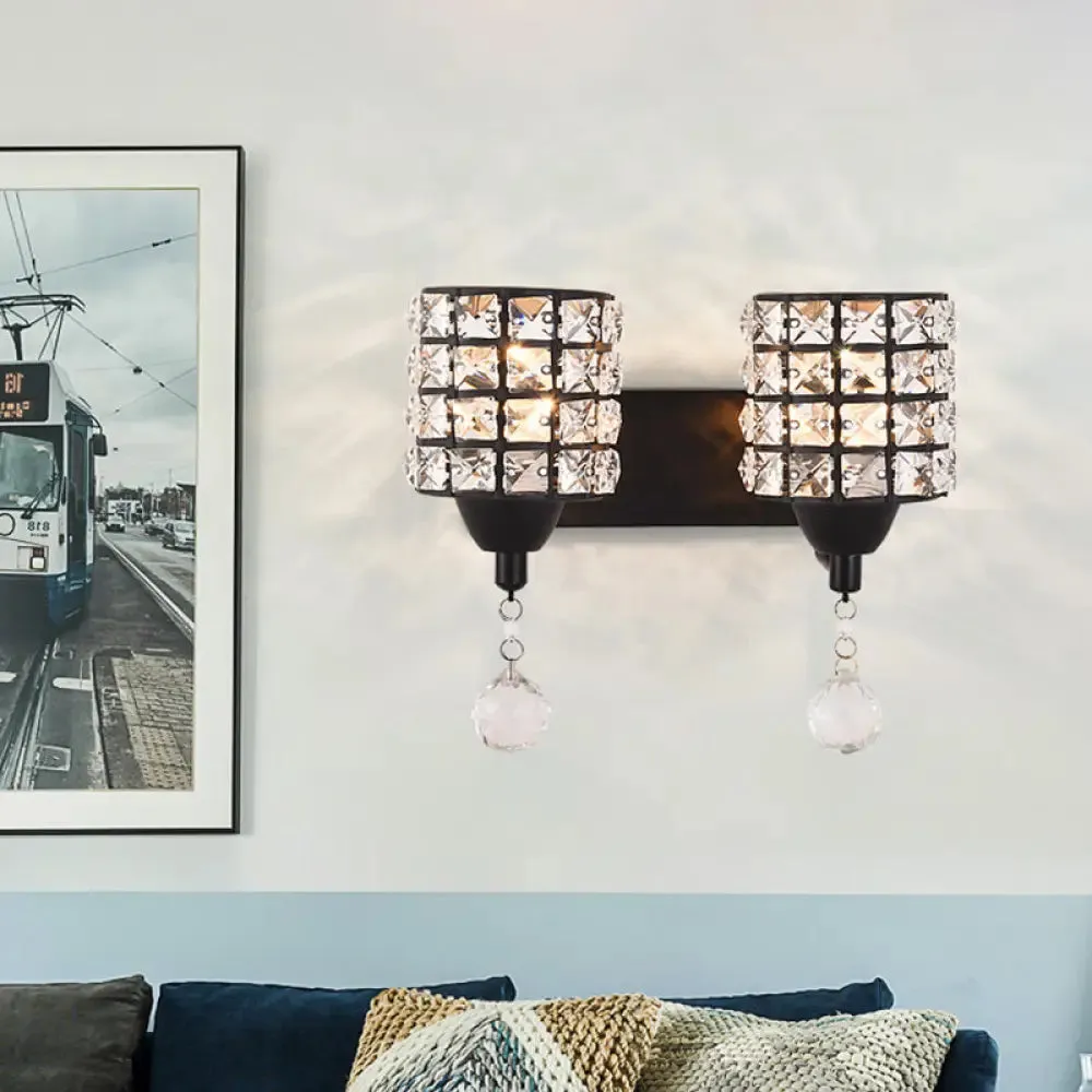 Modern Black Crystal Wall Mount Light Fixture with Prismatic Optical Cylinder Design