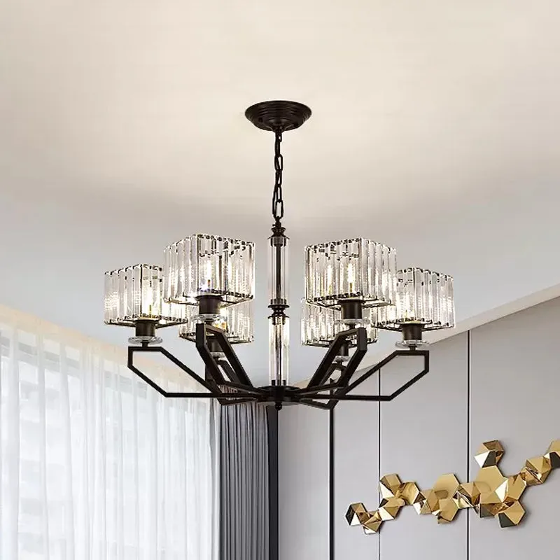 Modern Black/Gold Cuboid Crystal Block Chandelier Pendant Lamp with 6 Lights