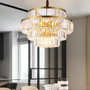 Modern Brass Chandelier with Crystal Shades - 12 Bulbs, Tiered Hanging Pendant Light