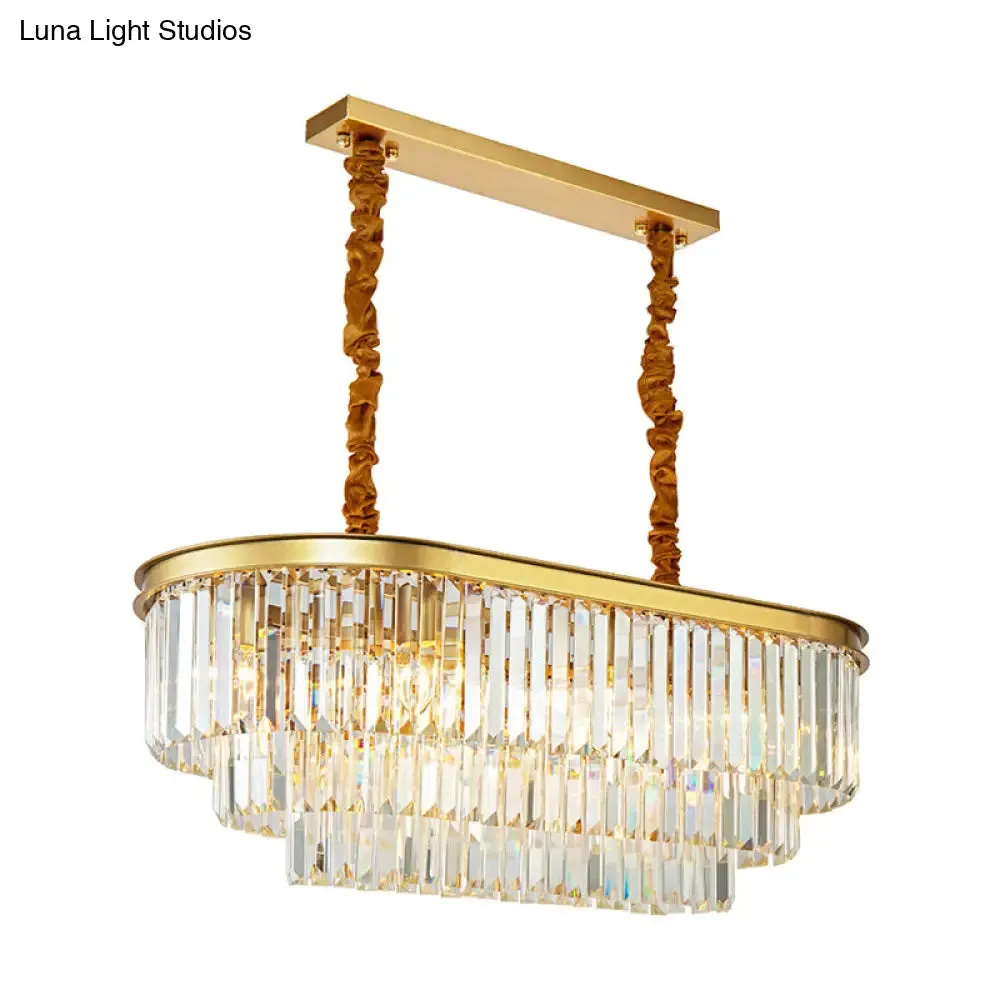 Modern Brass Island Pendant Light with Oval Crystal Shade - 8-Light Dining Room Hanging Lamp Kit