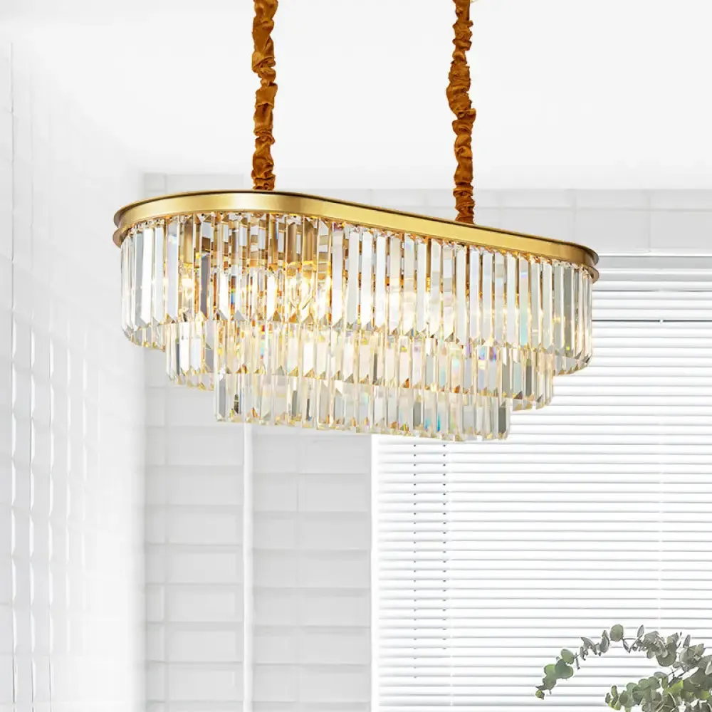 Modern Brass Island Pendant Light with Oval Crystal Shade - 8-Light Dining Room Hanging Lamp Kit