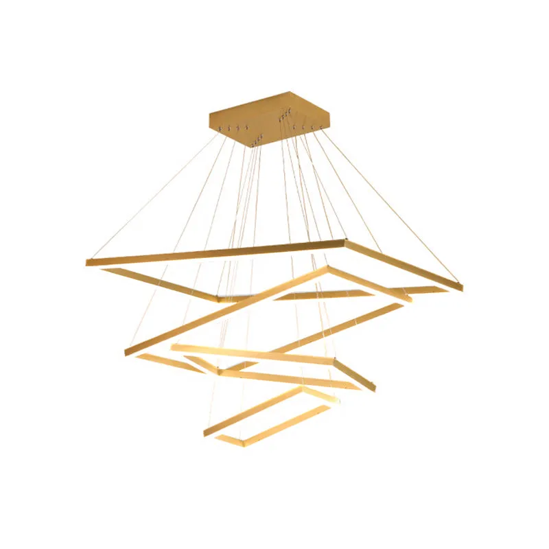 Modern Brushed Gold 2/3/4-Tier LED Chandelier: Rectangle Pendant, Metallic Light Fixture