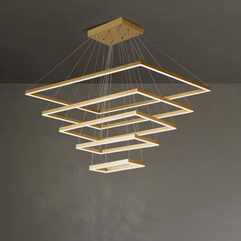 Modern Brushed Gold 2/3/4-Tier LED Chandelier: Rectangle Pendant, Metallic Light Fixture