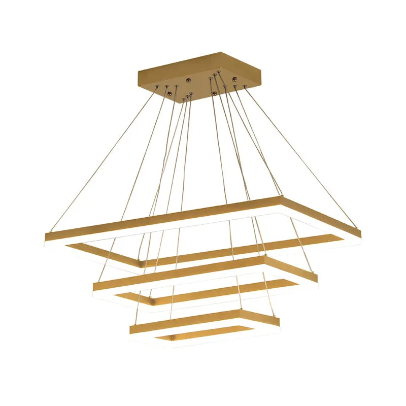 Modern Brushed Gold 2/3/4-Tier LED Chandelier: Rectangle Pendant, Metallic Light Fixture
