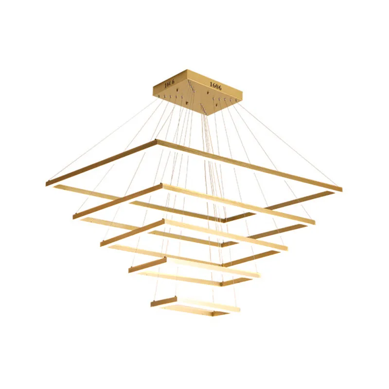 Modern Brushed Gold 2/3/4-Tier LED Chandelier: Rectangle Pendant, Metallic Light Fixture