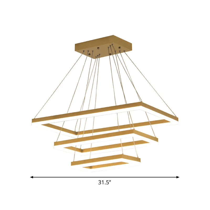 Modern Brushed Gold 2/3/4-Tier LED Chandelier: Rectangle Pendant, Metallic Light Fixture