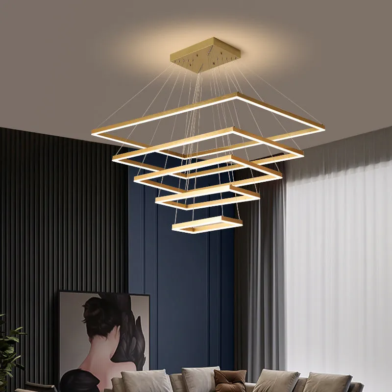 Modern Brushed Gold 2/3/4-Tier LED Chandelier: Rectangle Pendant, Metallic Light Fixture