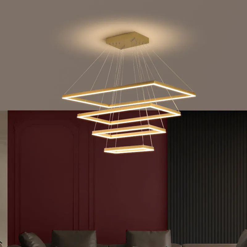 Modern Brushed Gold 2/3/4-Tier LED Chandelier: Rectangle Pendant, Metallic Light Fixture