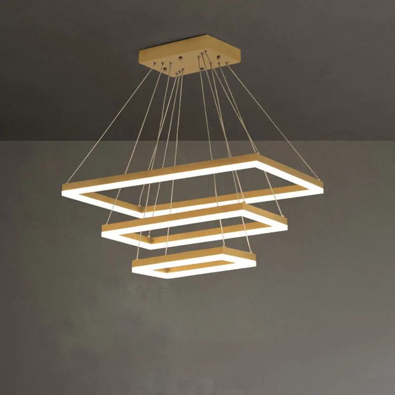 Modern Brushed Gold 2/3/4-Tier LED Chandelier: Rectangle Pendant, Metallic Light Fixture