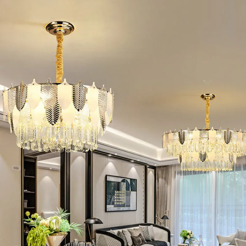 Modern Clear Crystal Leaf Pendant Chandelier - Stylish Suspension Light for Living Room
