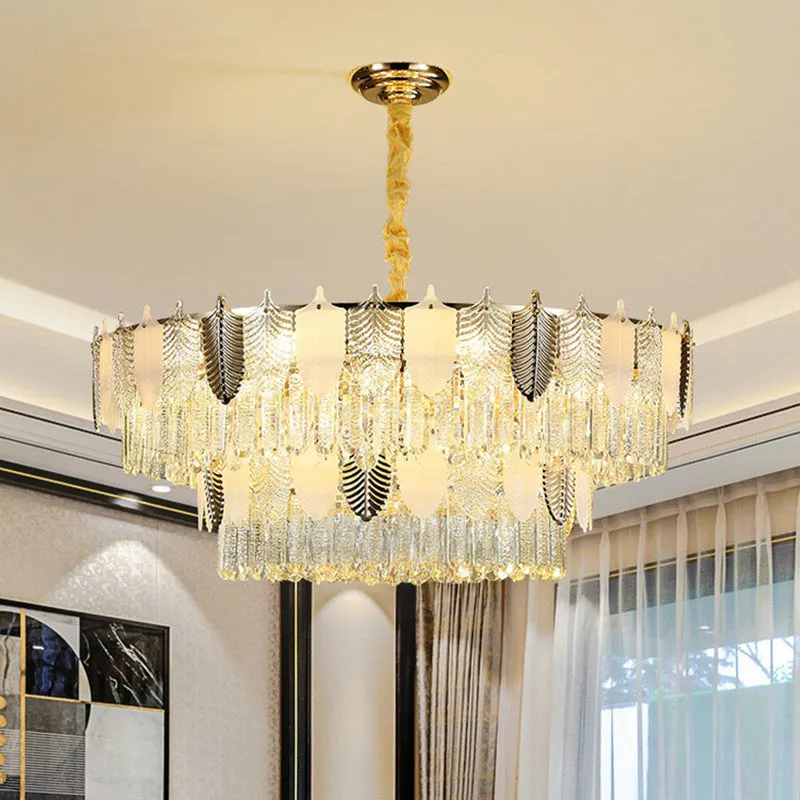 Modern Clear Crystal Leaf Pendant Chandelier - Stylish Suspension Light for Living Room