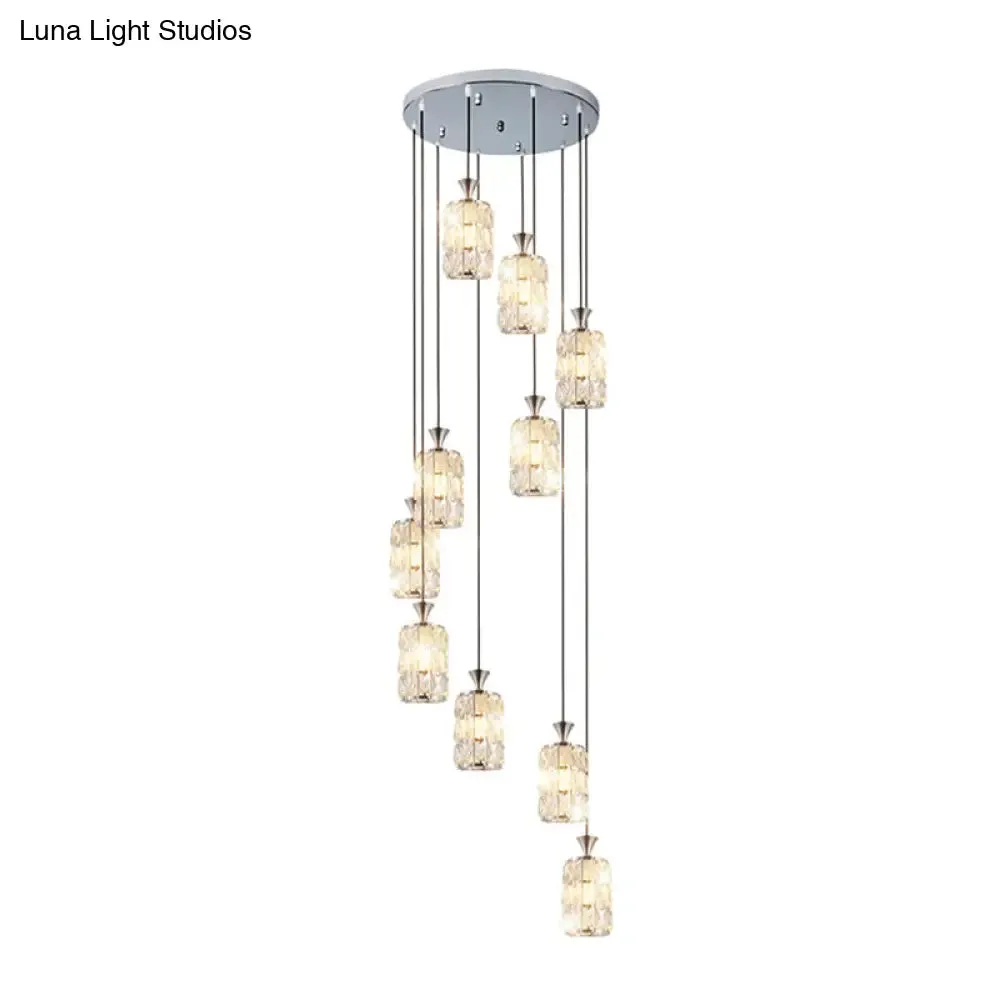 Modern Crystal-Encrusted Cylinder Ceiling Lamp - 10 Bulb Suspension Fixture for Staircase