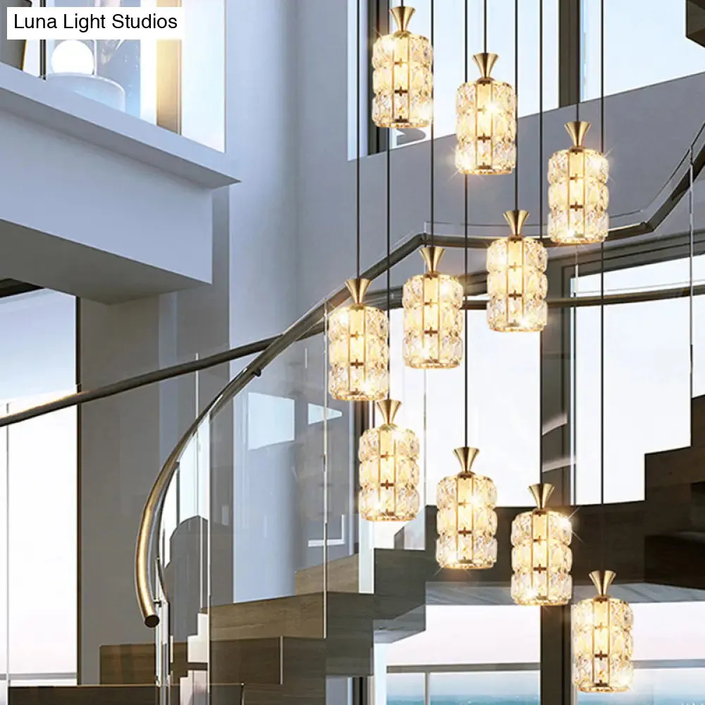 Modern Crystal-Encrusted Cylinder Ceiling Lamp - 10 Bulb Suspension Fixture for Staircase