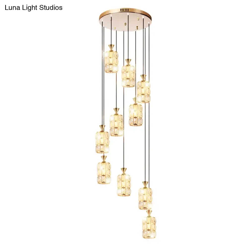 Modern Crystal-Encrusted Cylinder Ceiling Lamp - 10 Bulb Suspension Fixture for Staircase
