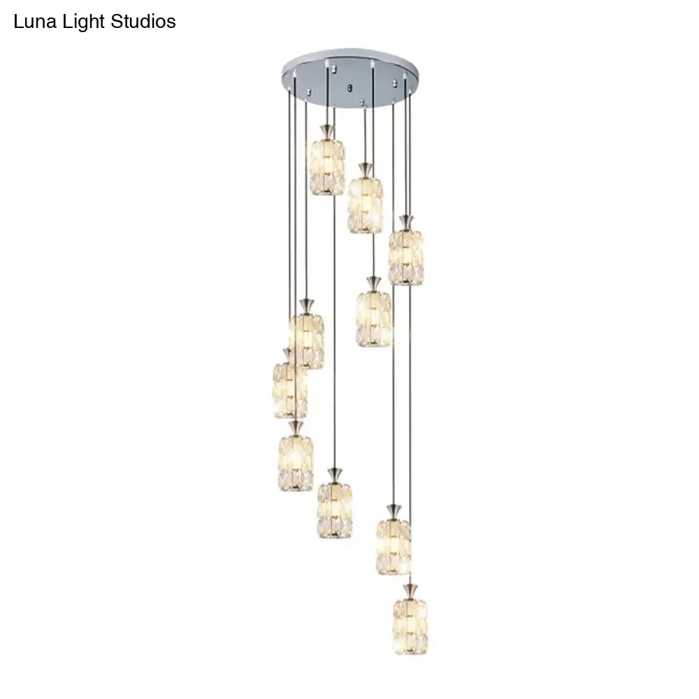 Modern Crystal-Encrusted Cylinder Ceiling Lamp - 10 Bulb Suspension Fixture for Staircase