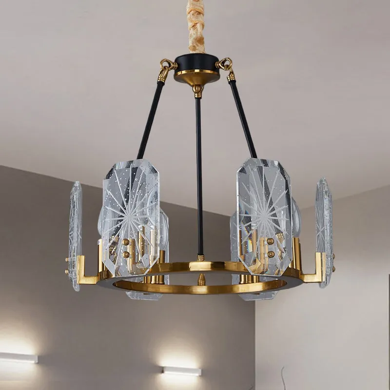 Modern Crystal Glass 6-Bulb Geometric Chandelier with Black and Gold Ring