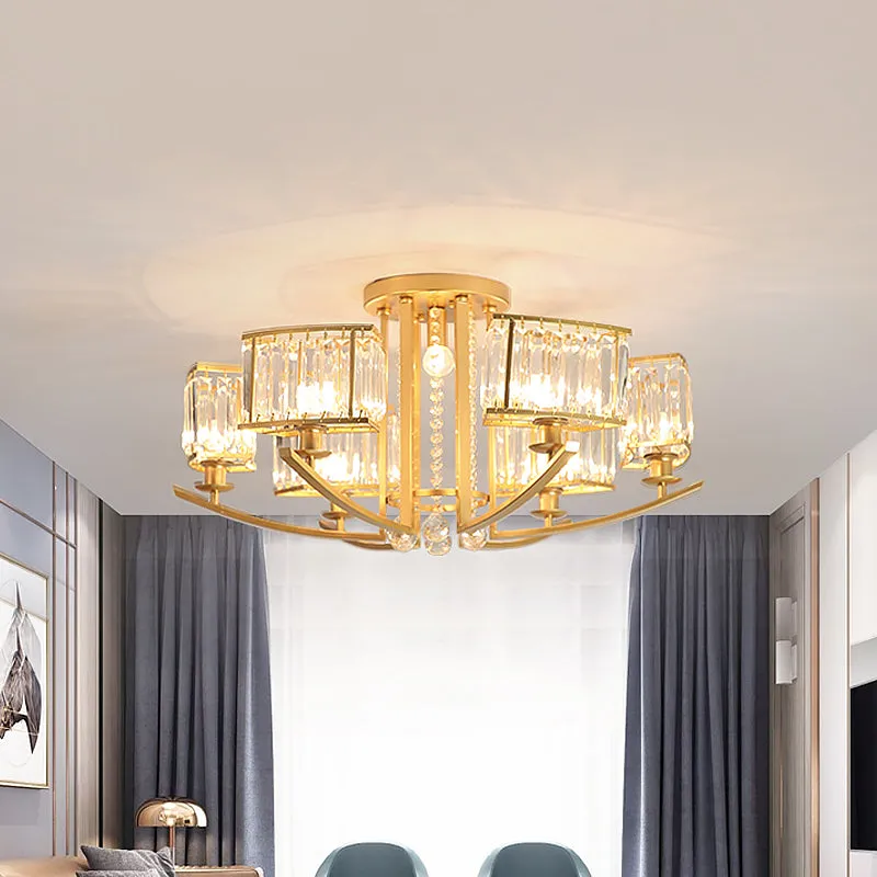 Modern Cuboid Semi Flush Chandelier with Clear Crystal, 7 Heads, Gold Ceiling Mounted Light