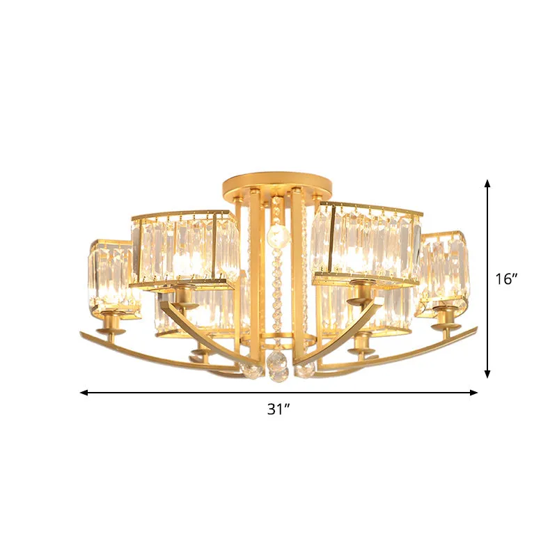 Modern Cuboid Semi Flush Chandelier with Clear Crystal, 7 Heads, Gold Ceiling Mounted Light