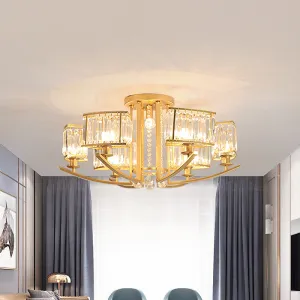 Modern Cuboid Semi Flush Chandelier with Clear Crystal, 7 Heads, Gold Ceiling Mounted Light