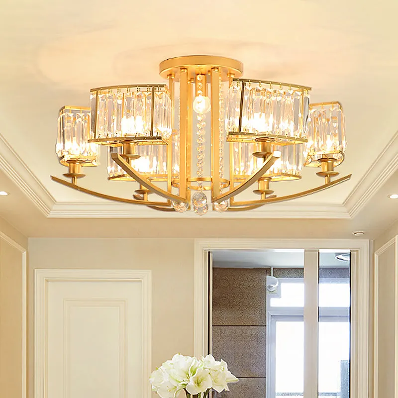 Modern Cuboid Semi Flush Chandelier with Clear Crystal, 7 Heads, Gold Ceiling Mounted Light