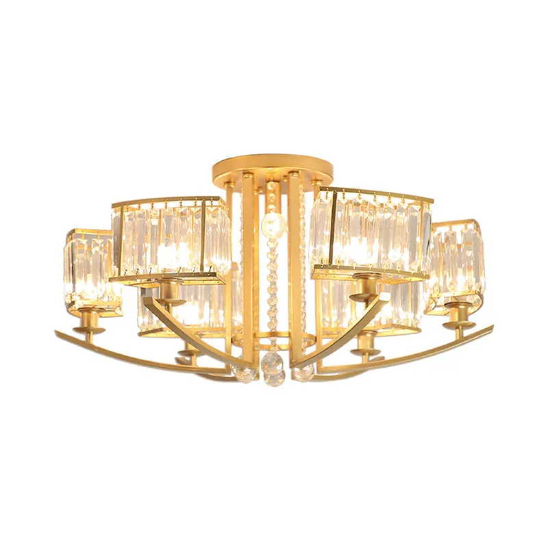 Modern Cuboid Semi Flush Chandelier with Clear Crystal, 7 Heads, Gold Ceiling Mounted Light