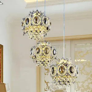 Modern Floral Layered Crystal Pendant Lamp with 3 Bulbs in Chrome Finish