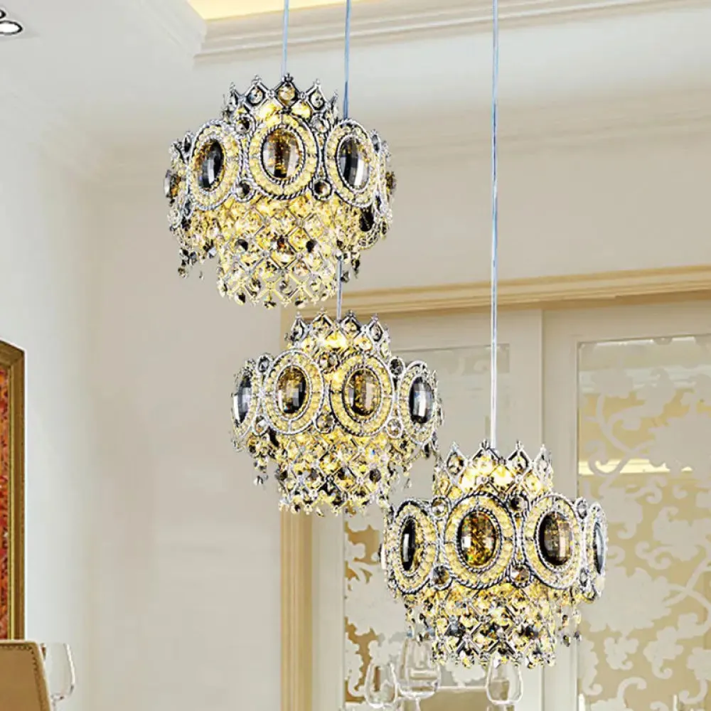 Modern Floral Layered Crystal Pendant Lamp with 3 Bulbs in Chrome Finish