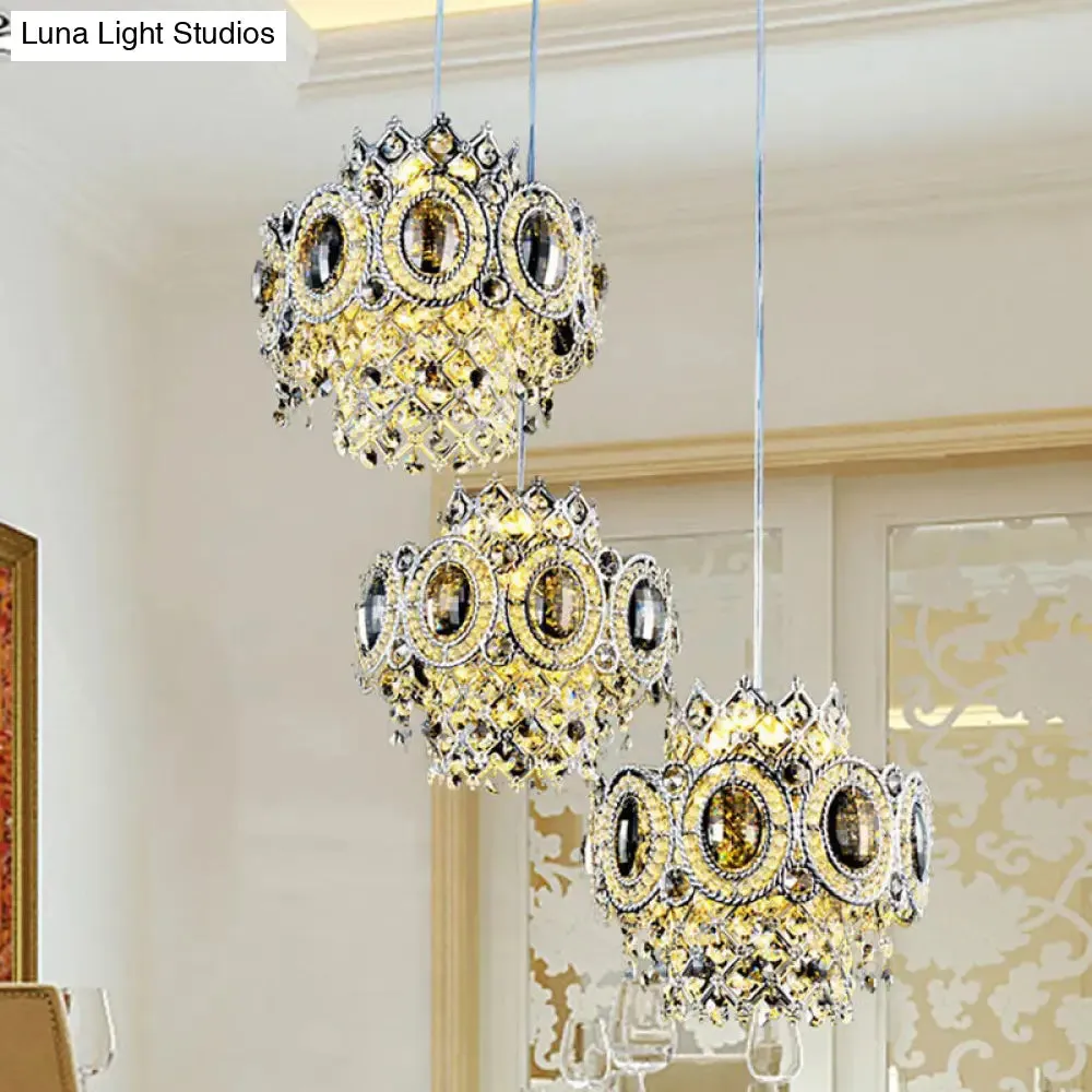 Modern Floral Layered Crystal Pendant Lamp with 3 Bulbs in Chrome Finish