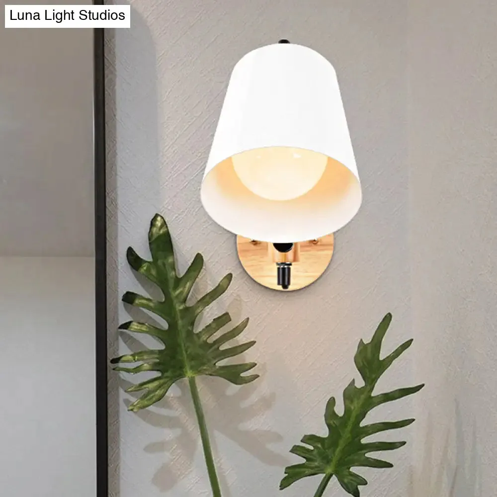 Modern Metal Wall Lamp with Bucket Shade, 1 Light Corridor Wall Mount, Wooden Backplate, Black/White