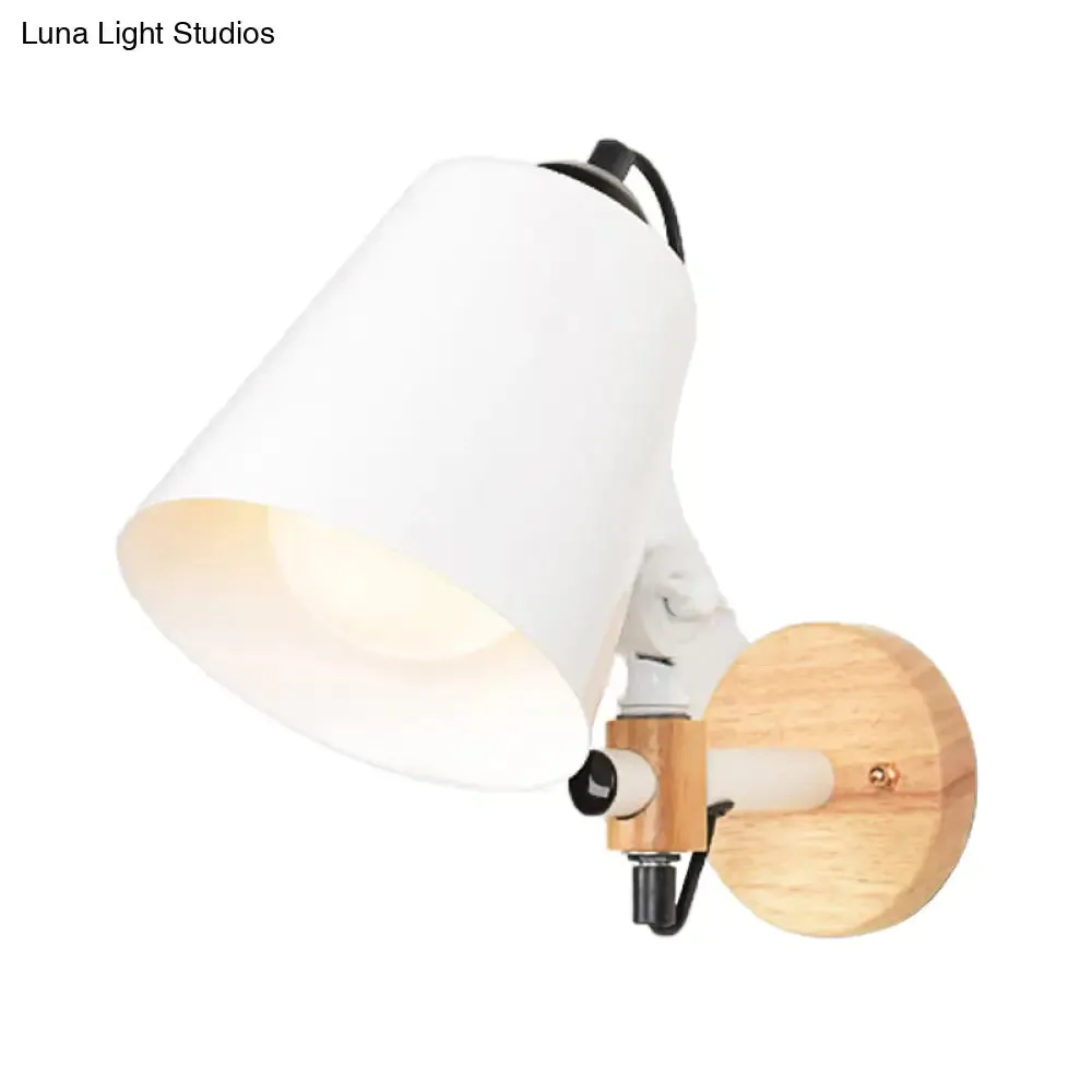 Modern Metal Wall Lamp with Bucket Shade, 1 Light Corridor Wall Mount, Wooden Backplate, Black/White