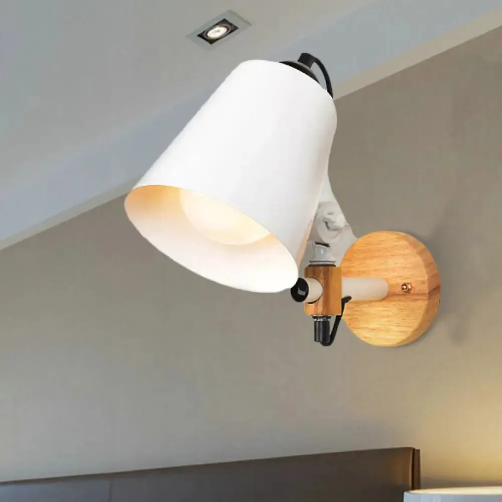 Modern Metal Wall Lamp with Bucket Shade, 1 Light Corridor Wall Mount, Wooden Backplate, Black/White