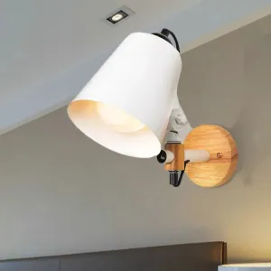 Modern Metal Wall Lamp with Bucket Shade, 1 Light Corridor Wall Mount, Wooden Backplate, Black/White