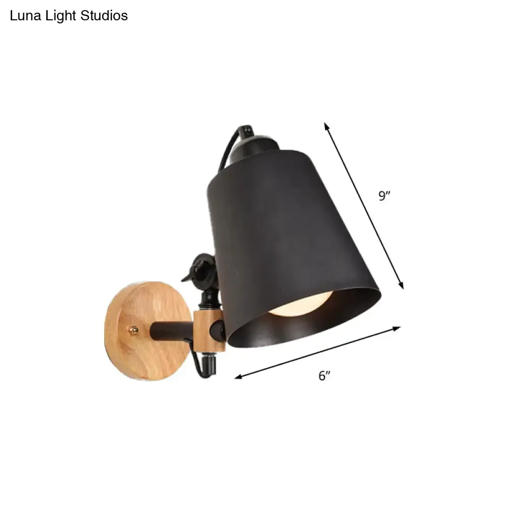 Modern Metal Wall Lamp with Bucket Shade, 1 Light Corridor Wall Mount, Wooden Backplate, Black/White