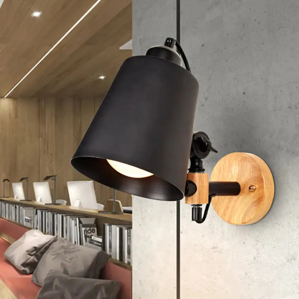 Modern Metal Wall Lamp with Bucket Shade, 1 Light Corridor Wall Mount, Wooden Backplate, Black/White