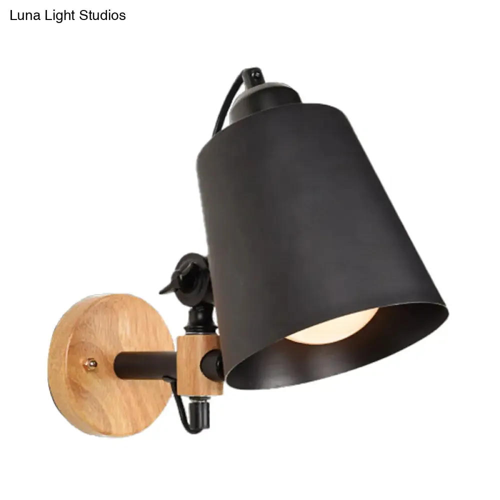 Modern Metal Wall Lamp with Bucket Shade, 1 Light Corridor Wall Mount, Wooden Backplate, Black/White