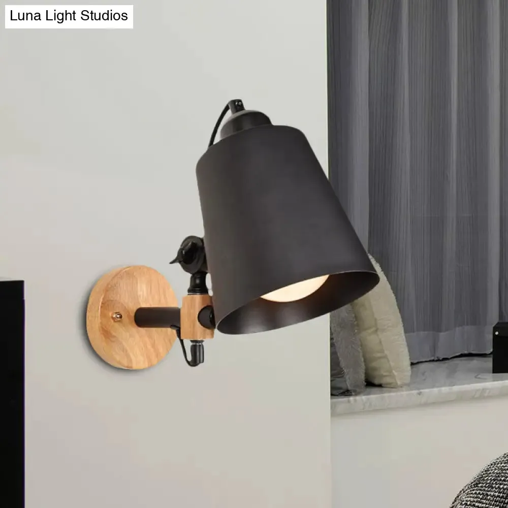 Modern Metal Wall Lamp with Bucket Shade, 1 Light Corridor Wall Mount, Wooden Backplate, Black/White