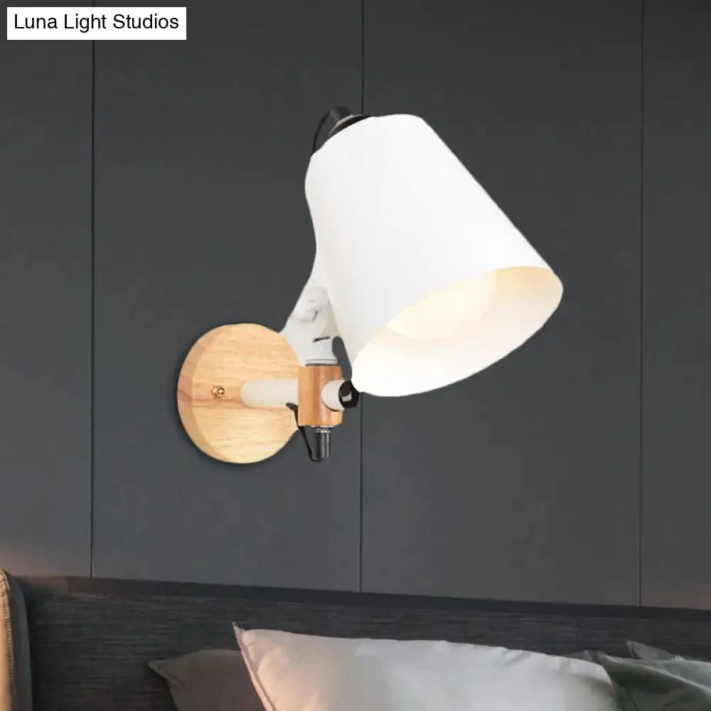 Modern Metal Wall Lamp with Bucket Shade, 1 Light Corridor Wall Mount, Wooden Backplate, Black/White