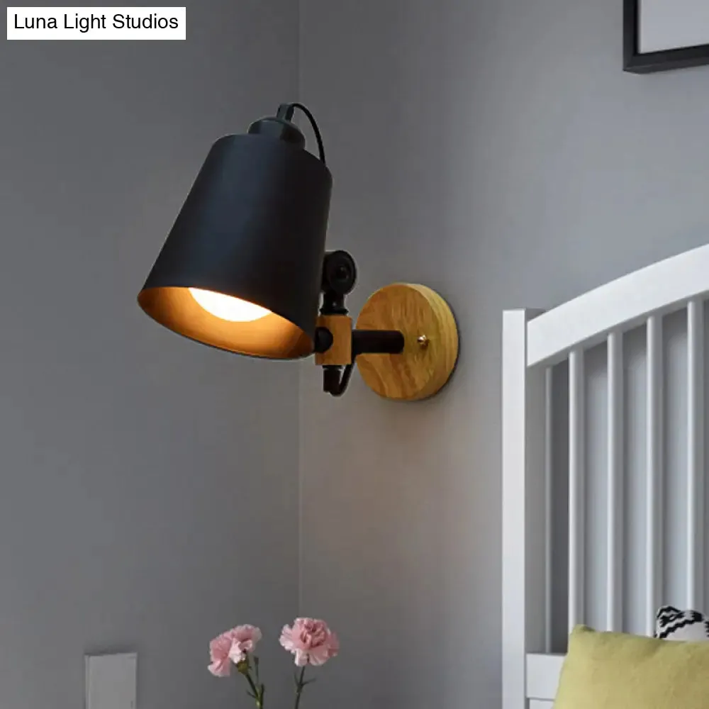 Modern Metal Wall Lamp with Bucket Shade, 1 Light Corridor Wall Mount, Wooden Backplate, Black/White