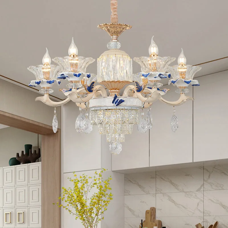 Modern Rose Gold Crystal Chandelier Pendant - 6/8 Lights, Blooming Bedroom Suspension Lamp with Ceramic Bobeche