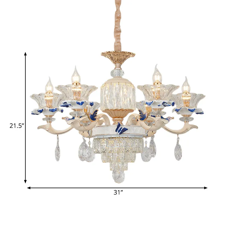 Modern Rose Gold Crystal Chandelier Pendant - 6/8 Lights, Blooming Bedroom Suspension Lamp with Ceramic Bobeche