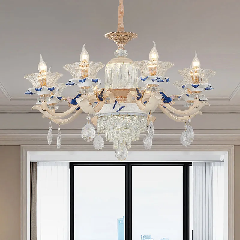 Modern Rose Gold Crystal Chandelier Pendant - 6/8 Lights, Blooming Bedroom Suspension Lamp with Ceramic Bobeche