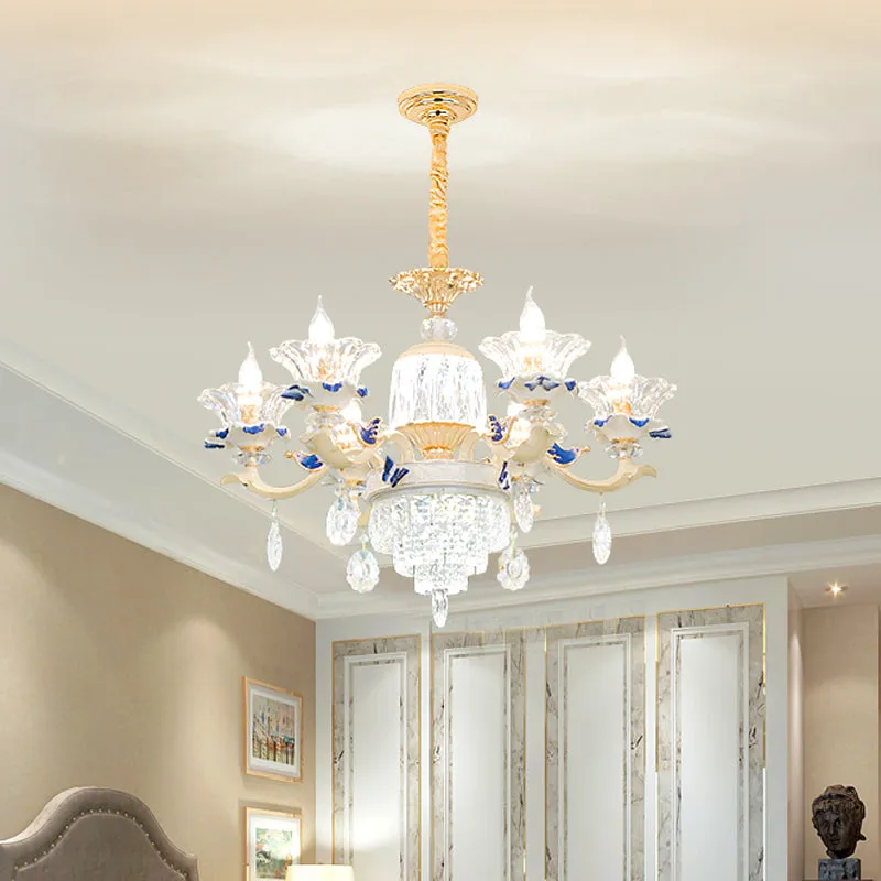 Modern Rose Gold Crystal Chandelier Pendant - 6/8 Lights, Blooming Bedroom Suspension Lamp with Ceramic Bobeche