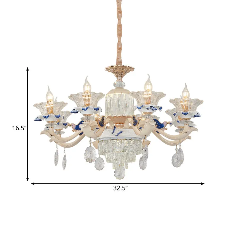 Modern Rose Gold Crystal Chandelier Pendant - 6/8 Lights, Blooming Bedroom Suspension Lamp with Ceramic Bobeche